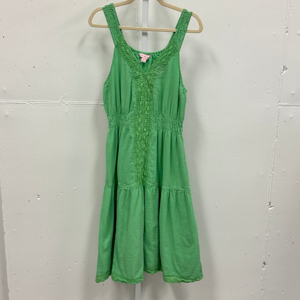 April Cornell Gauze‎ Crochet Lace Trim Tiered Midi Dress Cotton Green Women's M